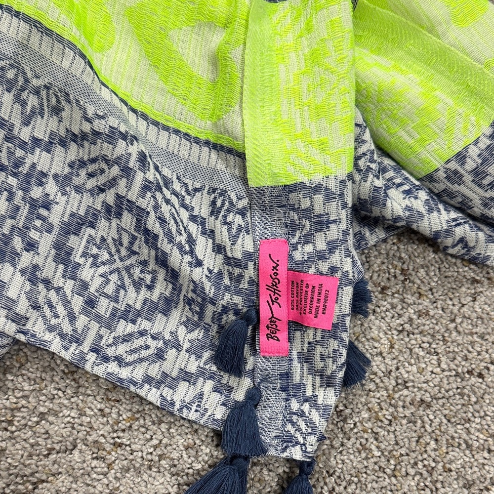 Betsey Johnson Blue White Patterned Scarf with Neon Yellow Accent - Picture 2 of 4
